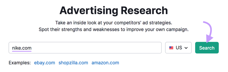 "nike.com" entered into the Advertising Research tool search bar