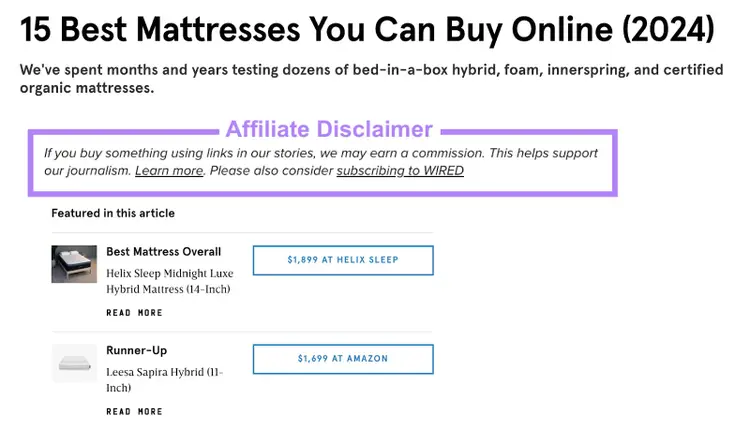 "15 Best Mattresses You Can Buy Online (2024)" article from Wired with affiliate disclaimer