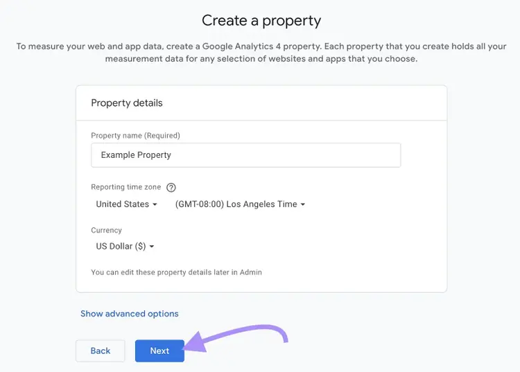 "Next" button highlighted at the bottom of "Create a property" step