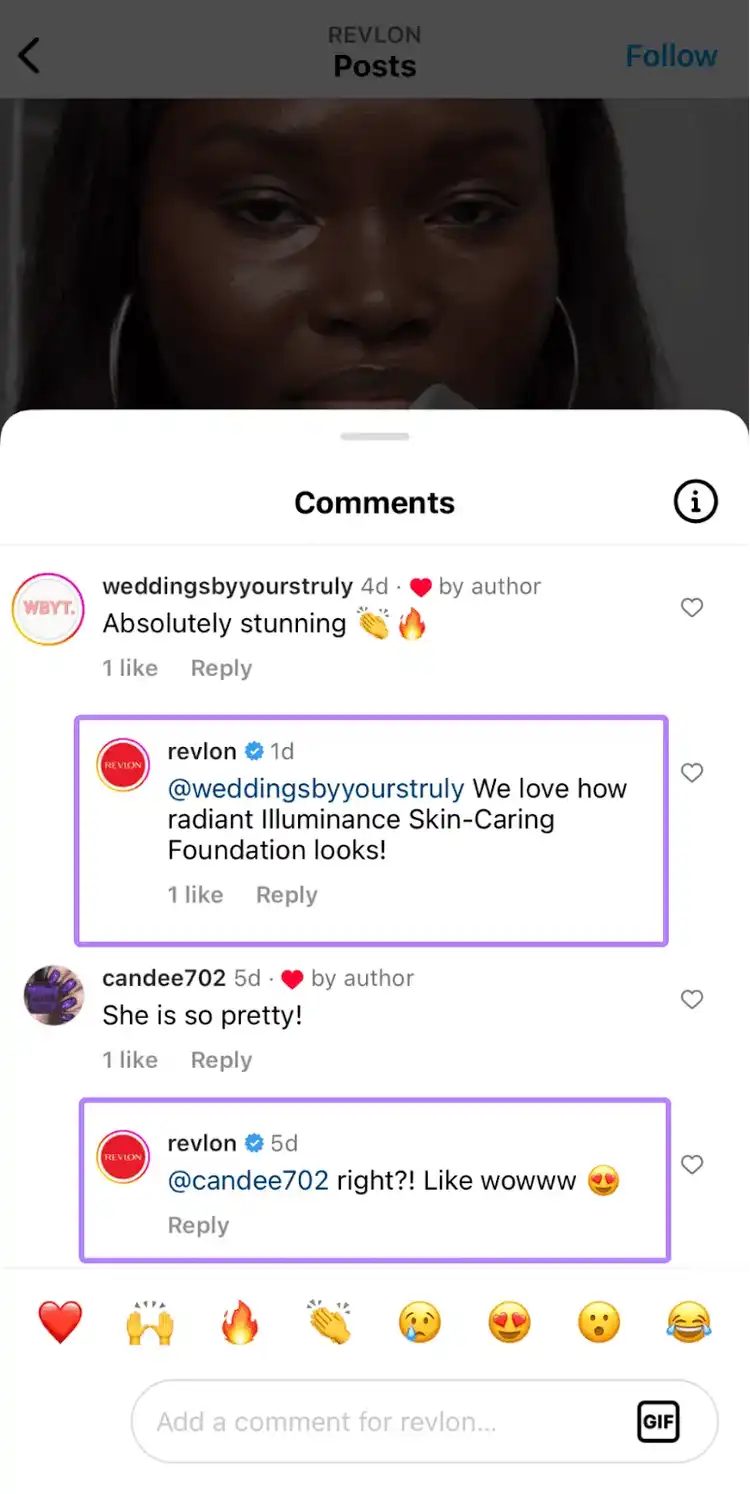 An example of Revlon answering to users's comments on their Instagram post