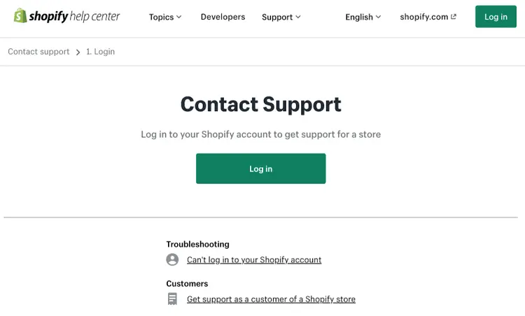 Shopify Help Center Contact Support page with login and troubleshooting options