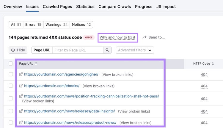 Screenshot: Site Audit 4XX error detail showing specific pages with 404 status codes in table view