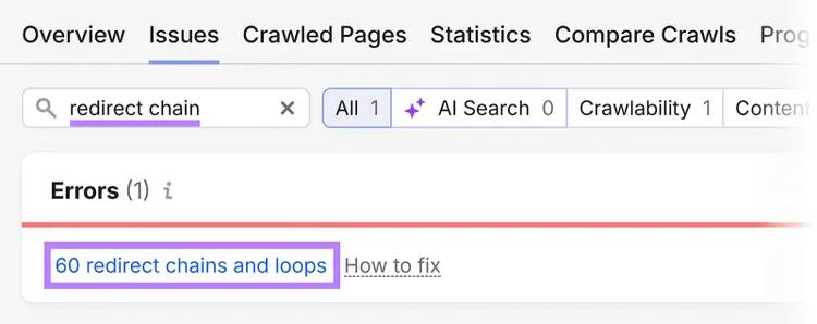 Semrush Site Audit Issues report showing an error for 60 redirect chains and loops