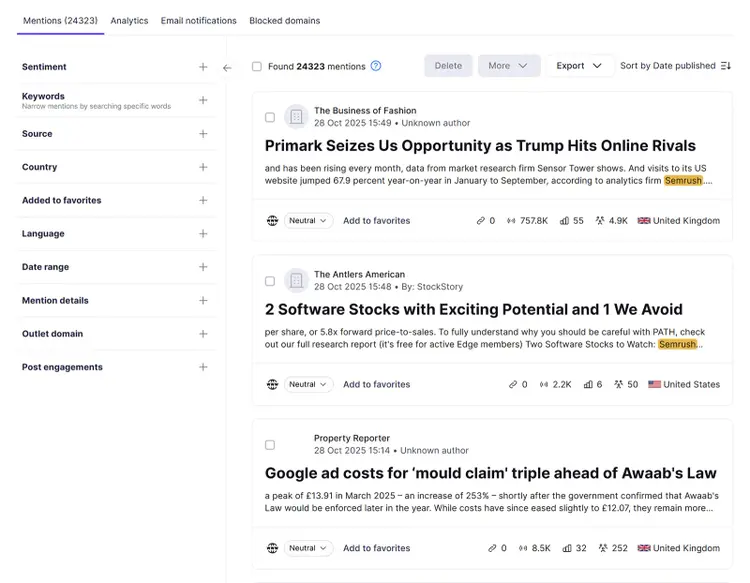 Mentions tab listing recent online articles with Semrush references and engagement data.