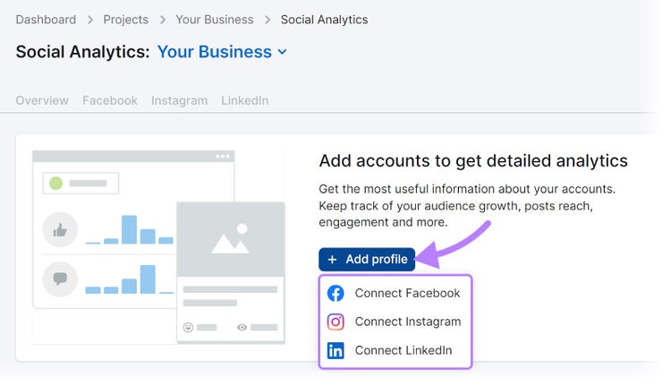 Connect Facebook, Instagram, and LinkedIn profiles to Social Analytics tool