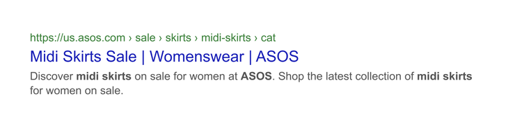 Google search result from ASOS for midi skirts sale with product description