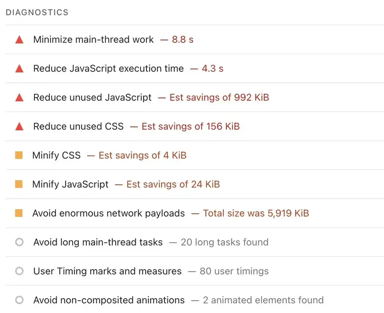 Diagnostics on Page Speed Insights showing specific improvement recommendations to fix a page.
