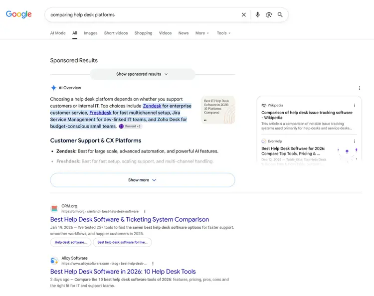 Google results for “comparing help desk platforms” showing an AI Overview and organic search results