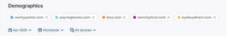 Demographics dashboard header for eyewear market audience analysis interface