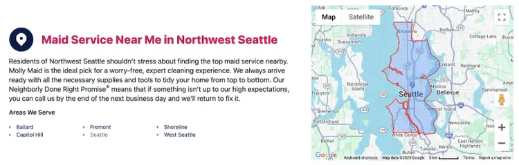 The Google Map has the service area outlined in red with the location page listing areas we serve as bullet points.