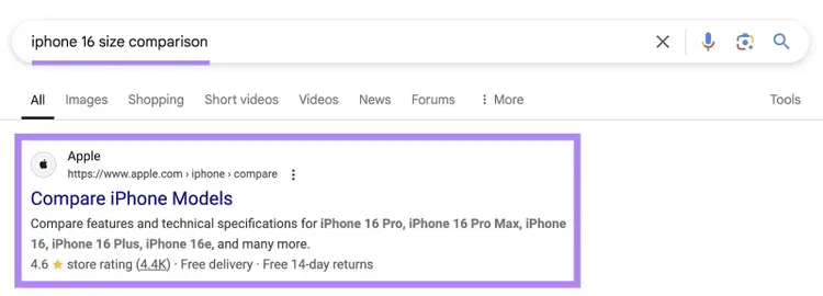 Google SERP with "iphone 16 size comparison" entered as the term and the top result from Apple highlighted.