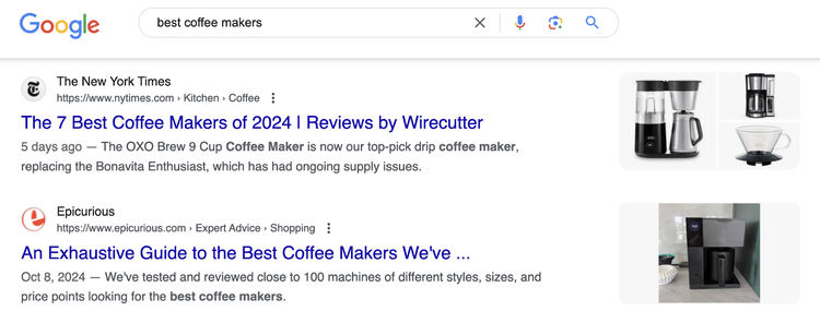 coffee maker product review roundups on the SERP