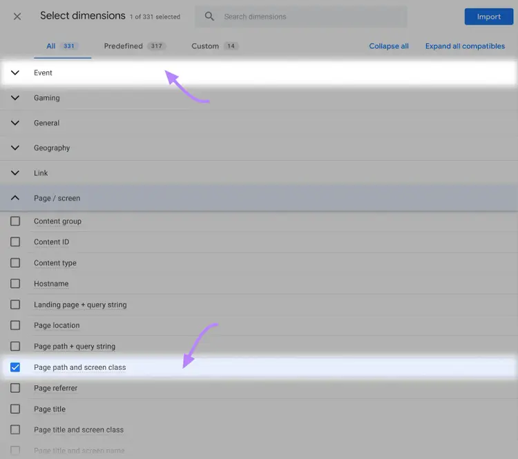 “Page path and screen class” dimension selected and "Event" option highlighted
