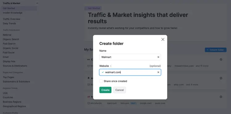 Create folder dialog in Semrush Traffic & Market with name and website fields for Walmart