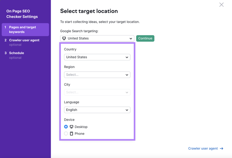 on page seo checker select target location and device
