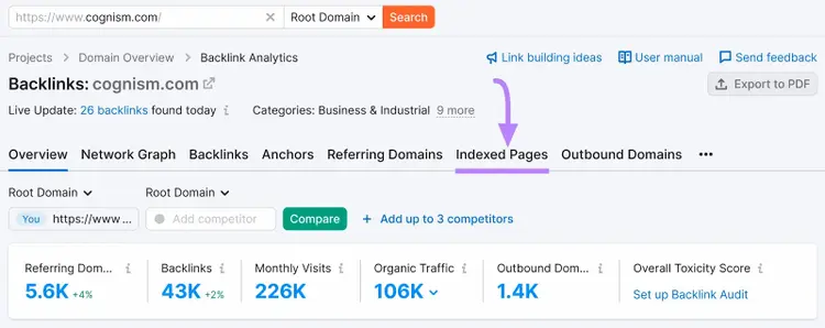 Overview report on Backlinks with the "Indexed Pages" tab highlighted.