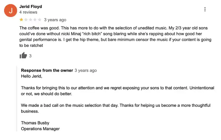 response from the owner includes an apology
