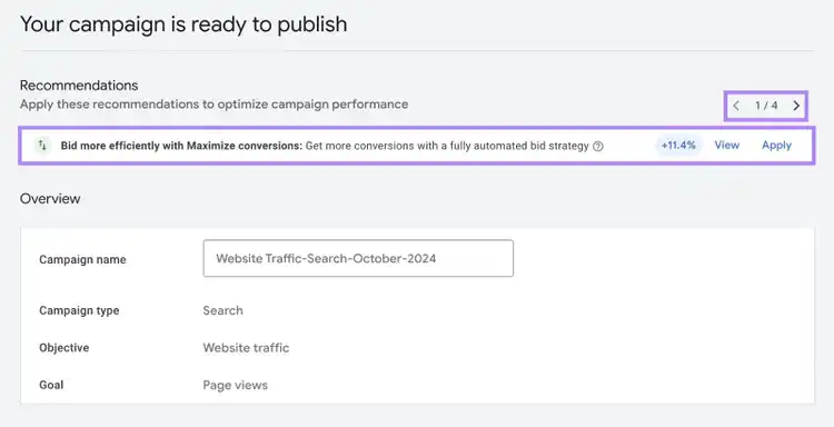 Review page on Google Ads with "Recommendations" section options at the top of the page highlighted.