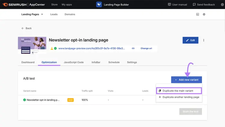 Optimization tab opened of new landing page, Add new variant button clicked, and Duplicate the main variant option highlighted.