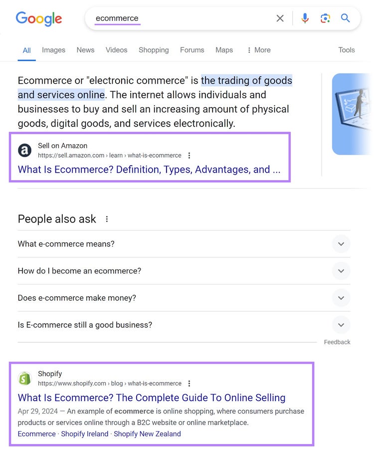 Amazon and Shopify rank first and second on Google SERP for "ecommerce" search.