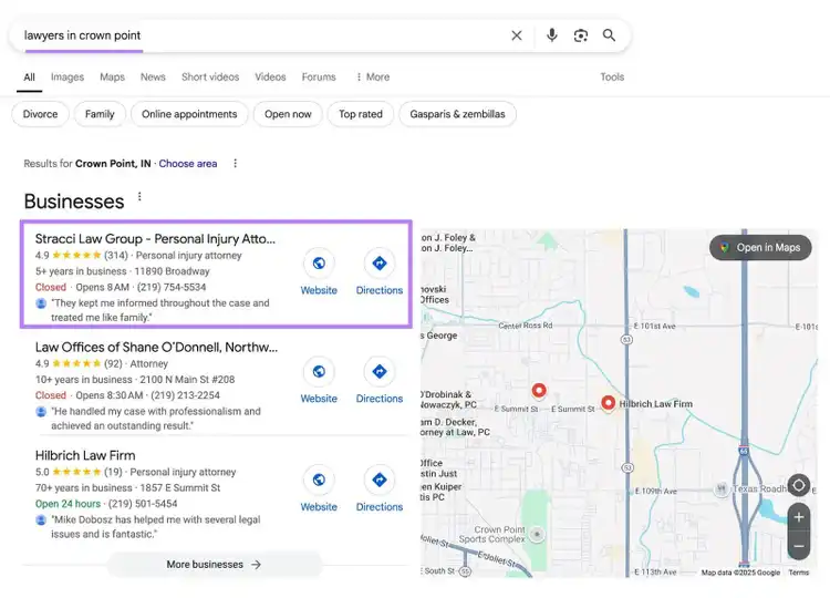 Google SERP with "lawyers in crown point" entered and the result appearing in the first position of the map pack highlighted.