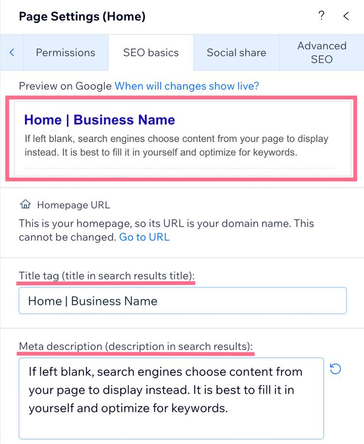 A preview of title tag and meta description in Wix's edit page