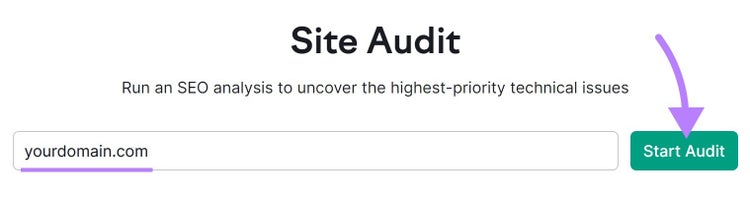 Site Audit search with a domain entered and the "Start Audit" button clicked.
