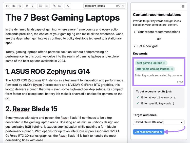 draft for best gaming laptops pasted into tool with keyword targets entered
