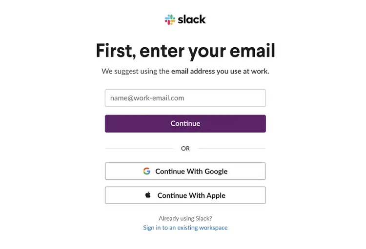 "First, enter your email" pop up window in Slack