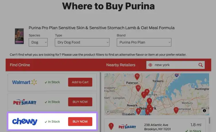 Chewy listed as an official reseller along with a link to their site on the Purina website.