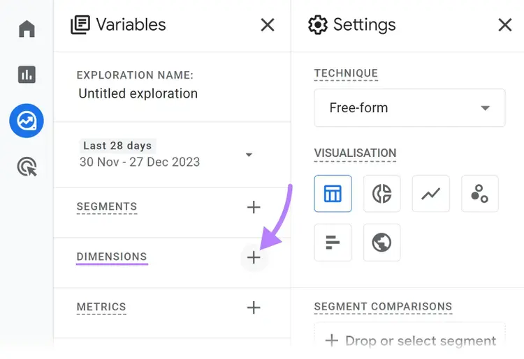 “+” icon highlighted next to “DIMENSIONS"