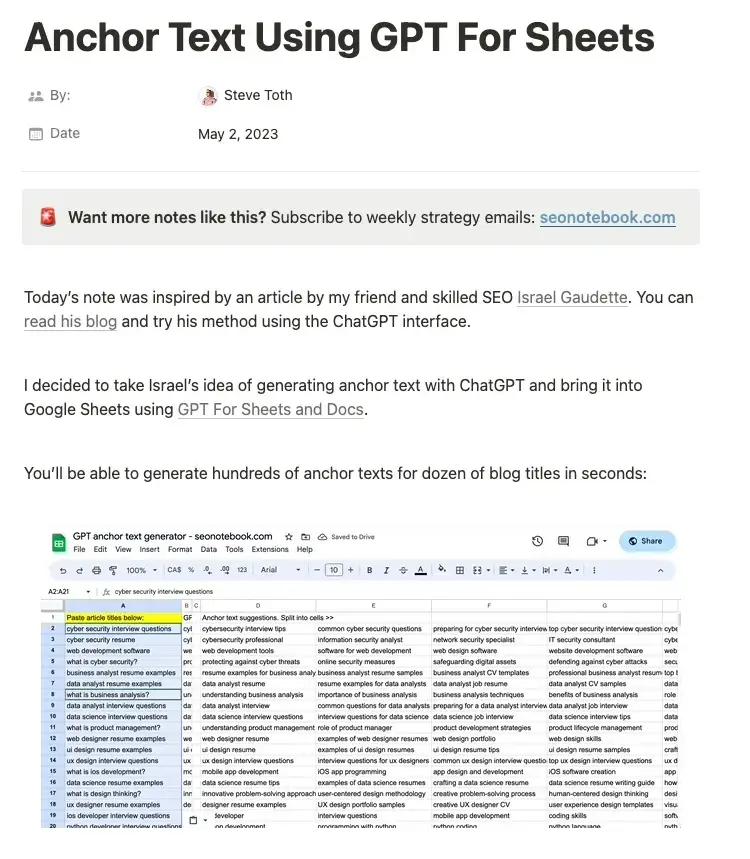 "Anchor Text Using ChatGPT For Sheets" section of SEO Notebook newsletter
