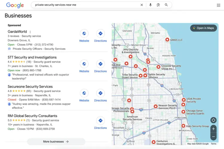 Local pack lists local businesses with their star rating, city, phone number, review snippet, and more.