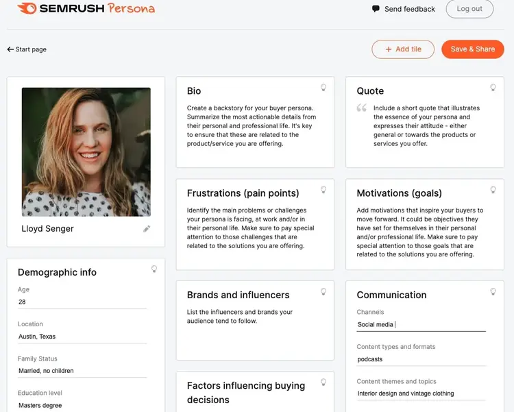 An example of a buyer persona build in Semrush Persona Tool