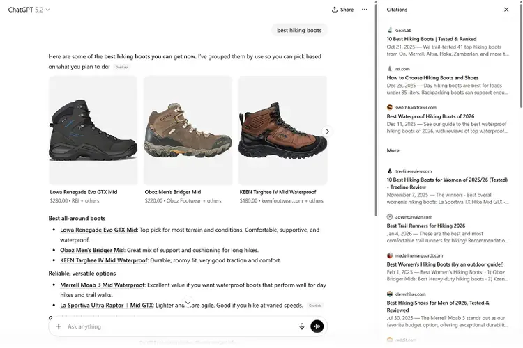 ChatGPT search results for “best hiking boots” showing product cards and cited sources in a sidebar.