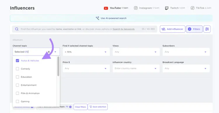 The "Autos & Vehicles" channel topic filter highlighted