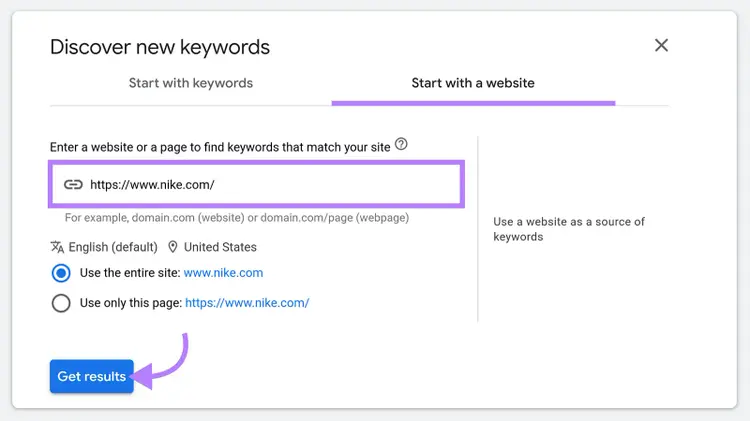 Google Keyword Planner form using nike.com to discover keyword ideas from a website