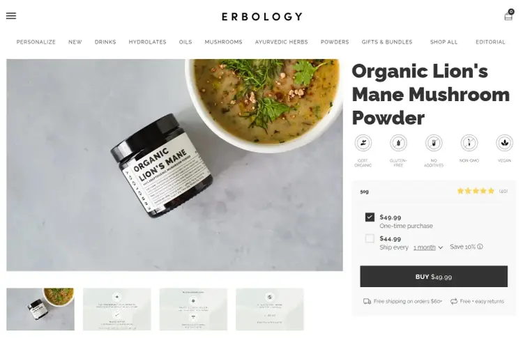 Erbology landing page for organic lion’s mane mushroom powder