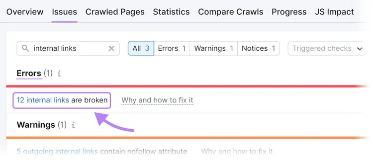"12 internal links are broken” message in the “Errors” section