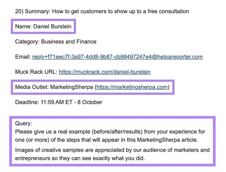 A HARO query with the journalist name, the media outlet, and query details highlighted.