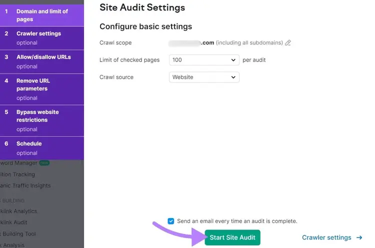Site Audit Settings configuration page with basic settings and Start Site Audit button