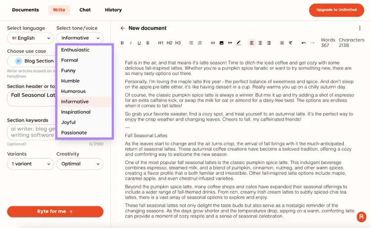 The tone of voice for AI copy can be changed to enthusiastic, formal, humble, joyful, and more.