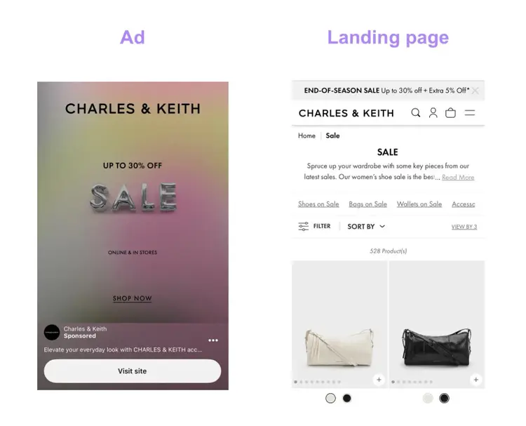 A social media ad on Instagram by Charles & Keith and the landing page clicking on the ad leads to.