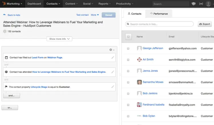 HubSpot in-app screenshot showing users who attended a webinar and completed other actions.