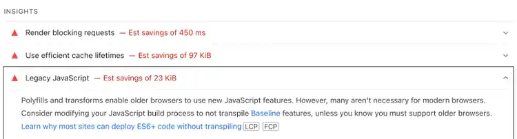 Top issues in this example are render blocker requests, use efficient cache lifetimes, and legacy javascript.