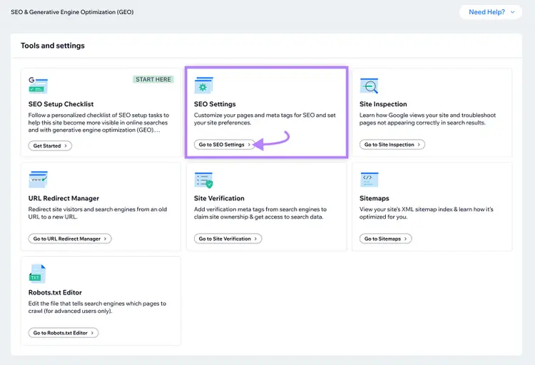 Wix dashboard showing "Tools and settings" for SEO, with a highlighted "Go to SEO Settings" button