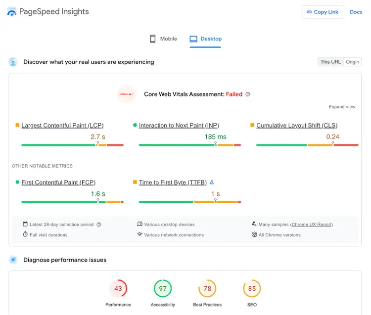 PageSpeed Insights shows Core Web Vitals Assessment and performance issues.