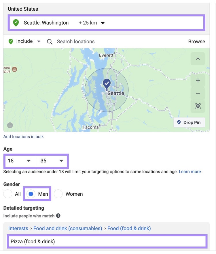 Choosing an audiences' location, age, gender, and interests