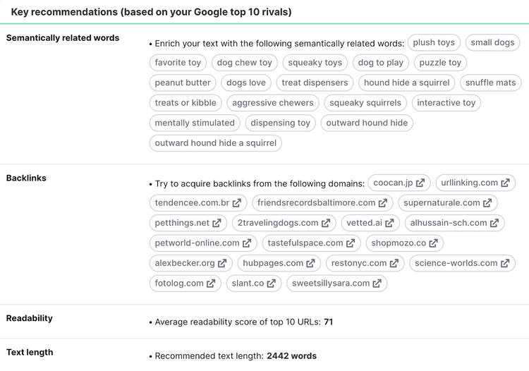 “Key recommendations (based on your Google top 10 rivals)” page