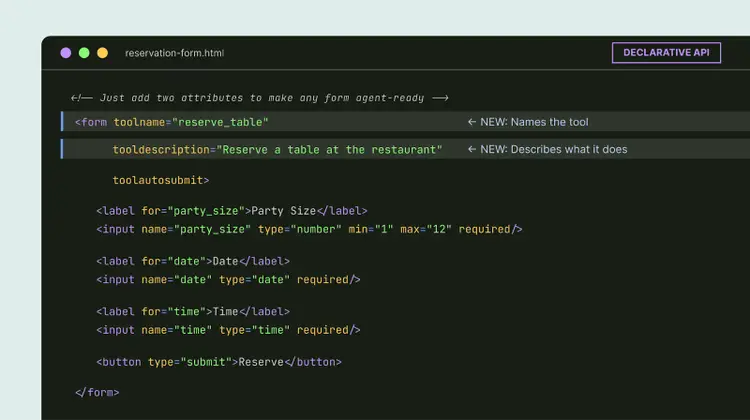 HTML code example showing a reservation form using WebMCP declarative attributes like toolname and tooldescription